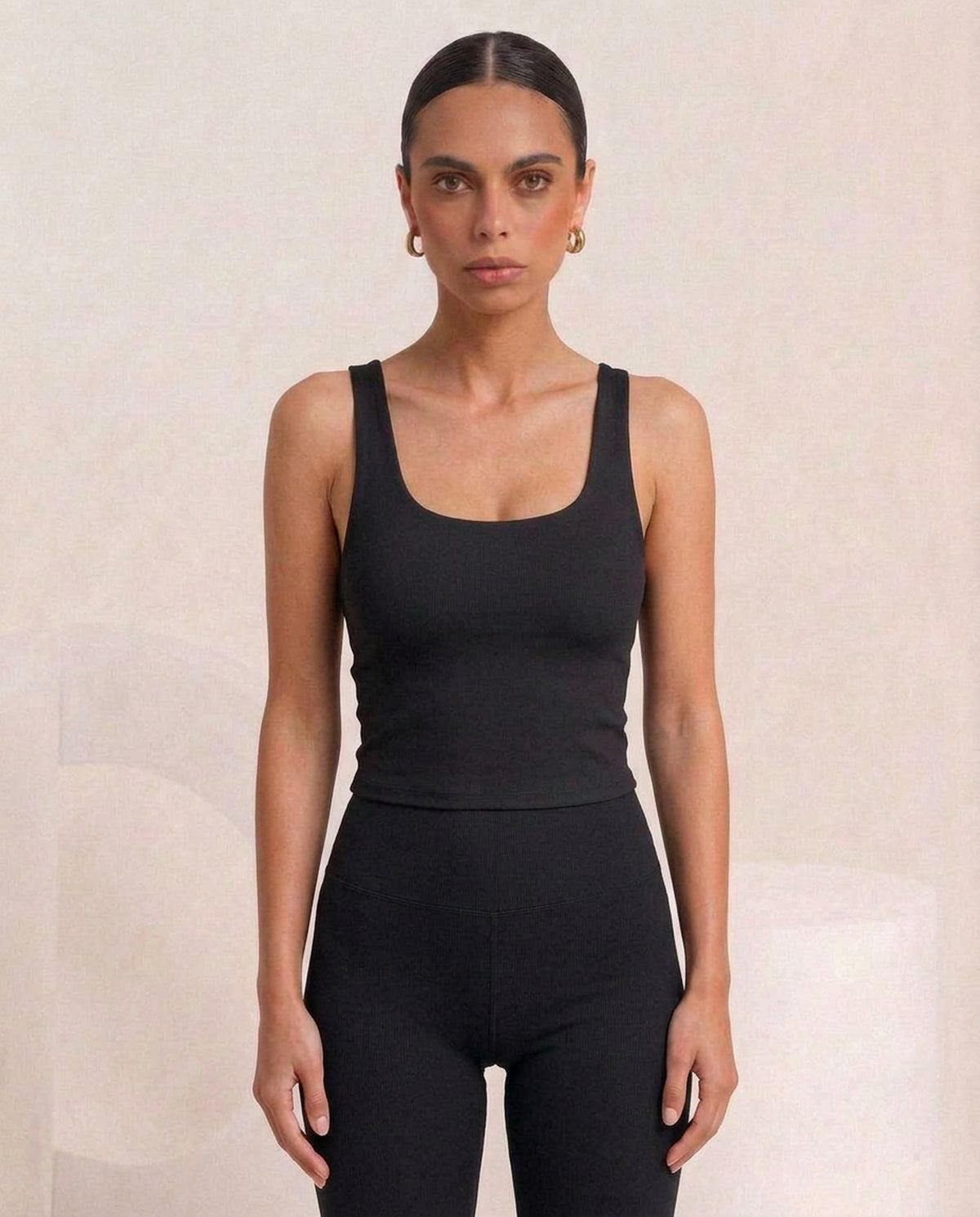 Black tank, front, eucalyptus fibre activewear by WEARTH India Black tank, front, eucalyptus fibre activewear by WEARTH India