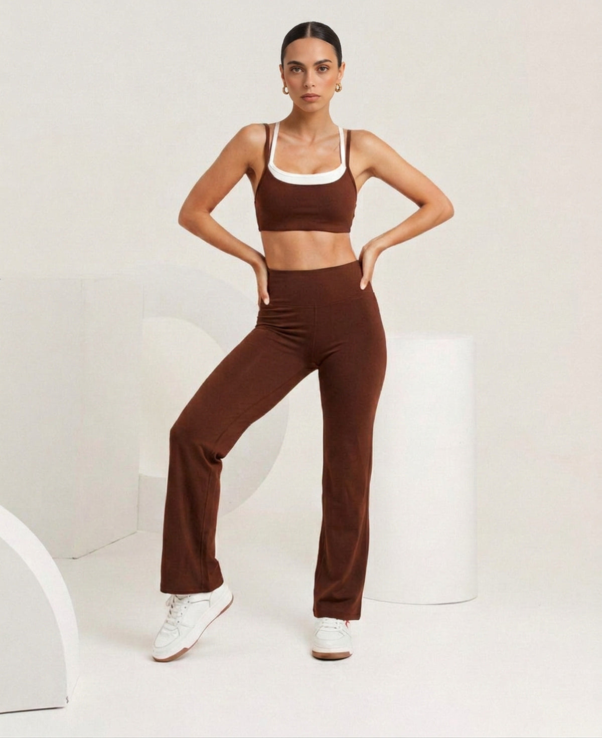 Brown bralette and flare, front, eucalyptus fibre activewear by WEARTH India