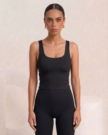 Black tank, front, eucalyptus fibre activewear by WEARTH India