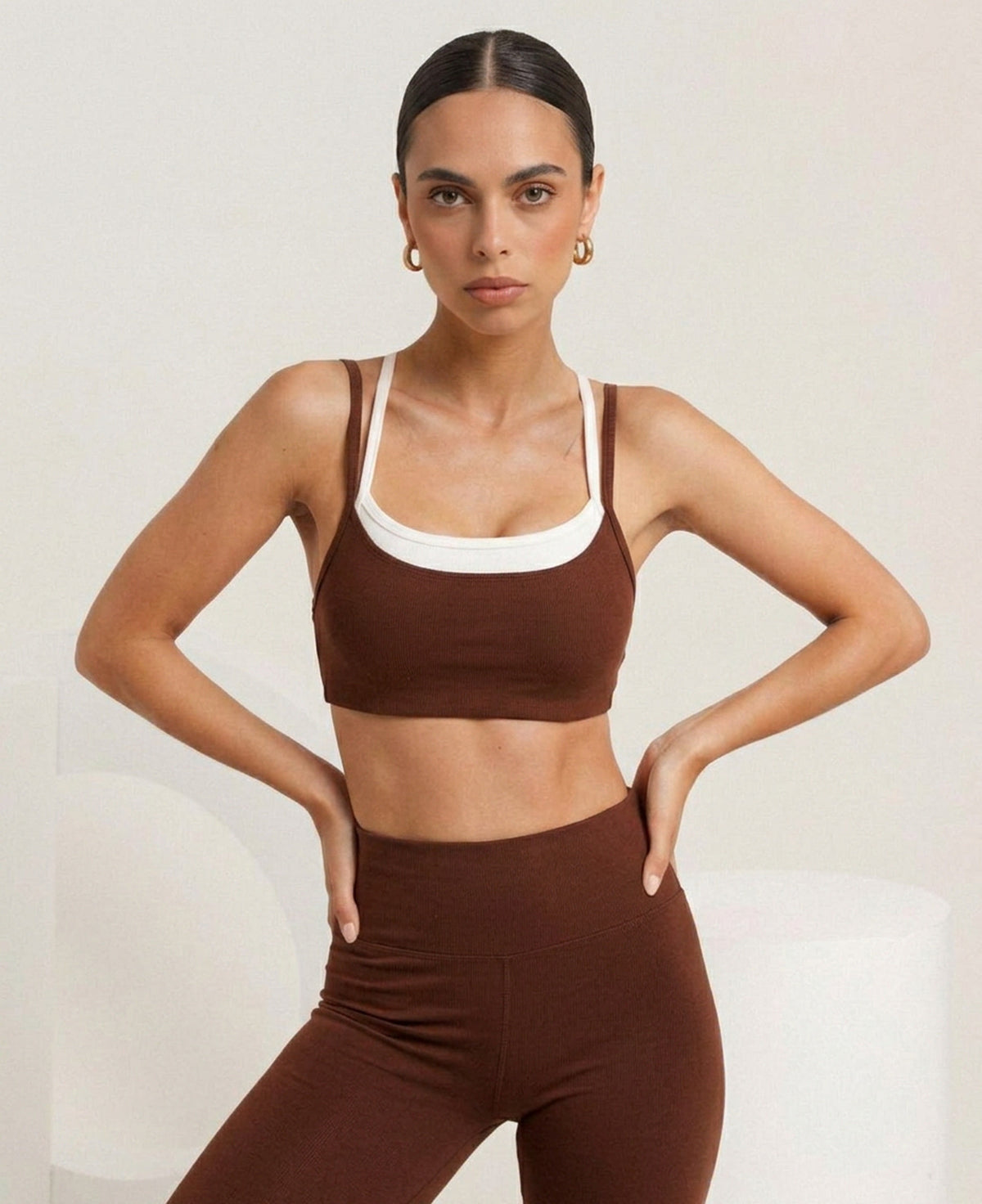Brown bralette and flare, close front, eucalyptus fibre activewear by WEARTH India