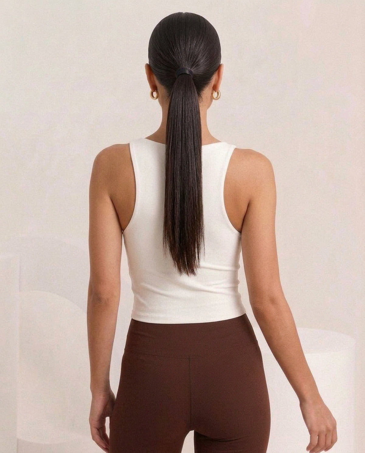 White tank and brown flare, back, eucalyptus fibre activewear by WEARTH India