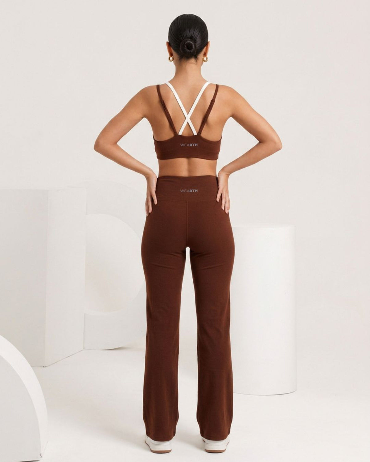 Brown bralette and flare, back wordmark, eucalyptus fibre activewear by WEARTH India