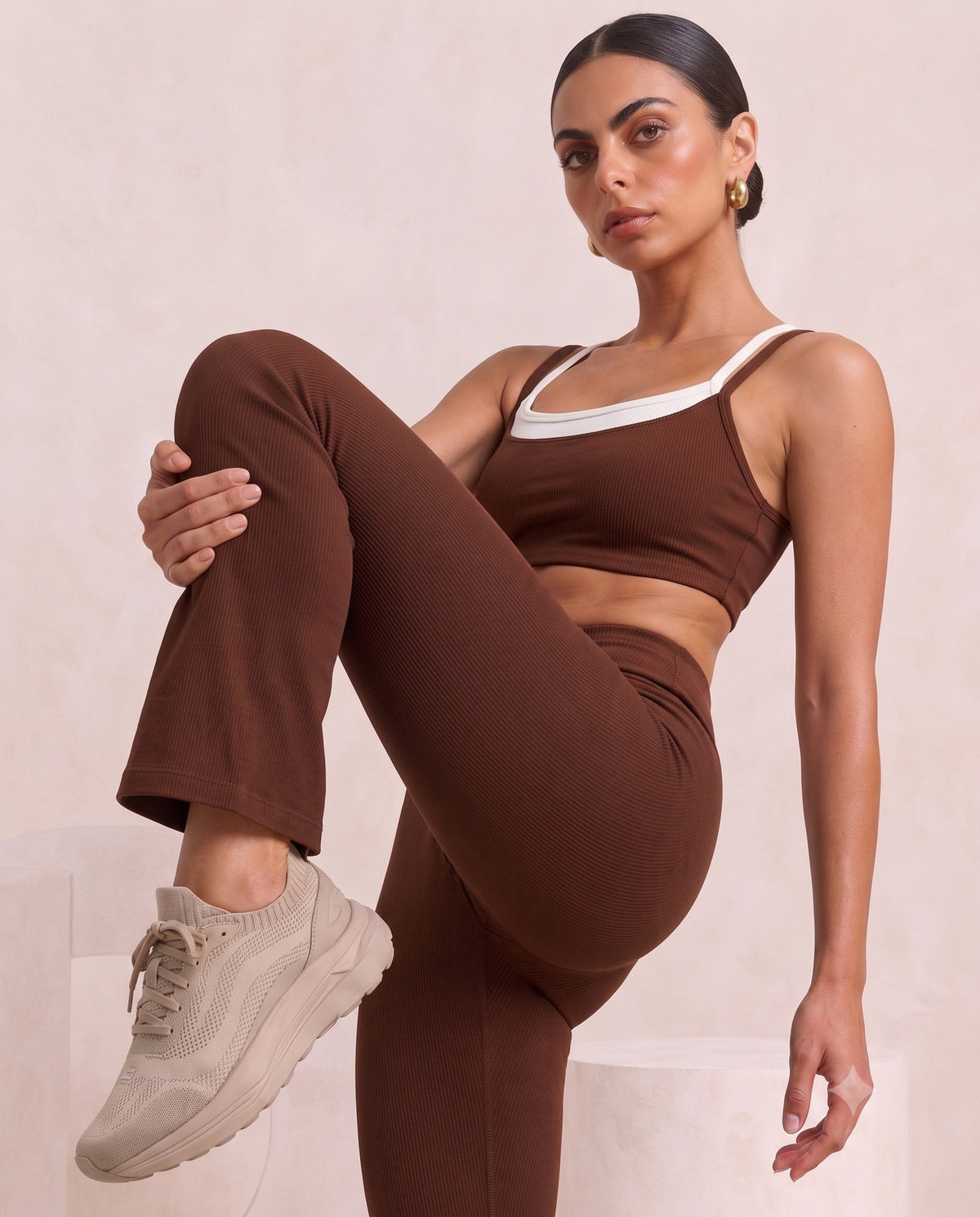 Brown bralette and flare, knee, eucalyptus fibre activewear by WEARTH India