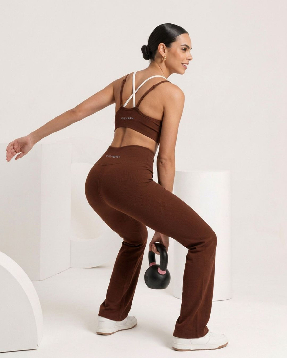 Brown bralette and flare, kettlebell, eucalyptus fibre activewear by WEARTH India