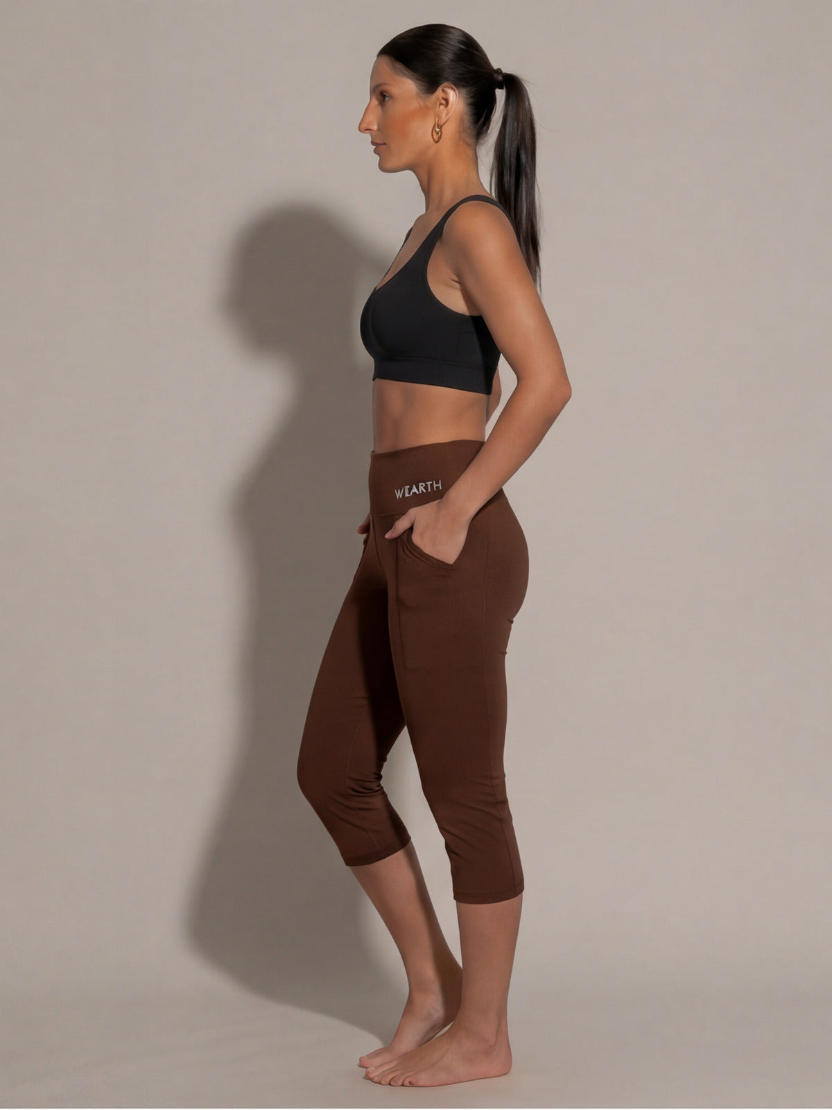The Still Line Crop in Brown, eucalyptus fibre activewear, no polyester