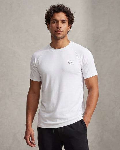 Motion Tee, White — raglan eucalyptus motion tee, eucalyptus fibre activewear by WEARTH India